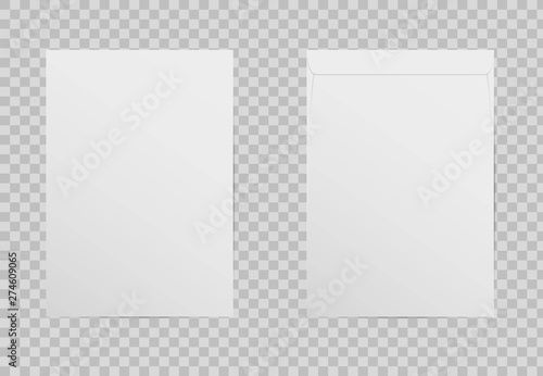 Realistic C4 blank envelope isolated on transparent background. A4 mock up white paper letter with shadow. Envelopes for vertical document. Vertical postage.