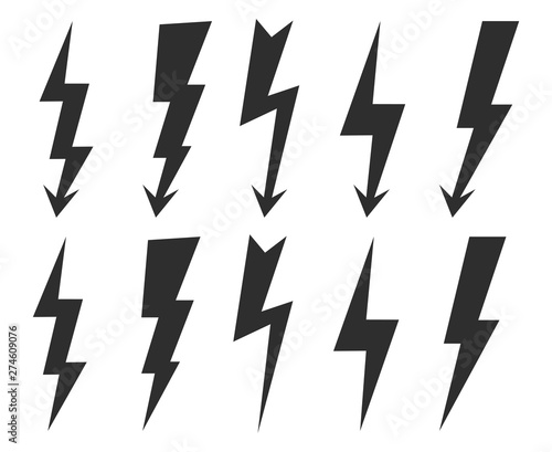 Lightning bolt icon set. High voltage icon. Thunderbolt  lighting strike  flash symbol. Battery charger pictogram. Template for your design.