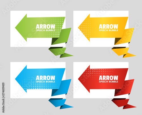 Set of angular origami arrow speech bubble isolated on white for design of advertisement label, sticker, discount price tag. Dialogue banner for your message from paper origami arrow. Vector