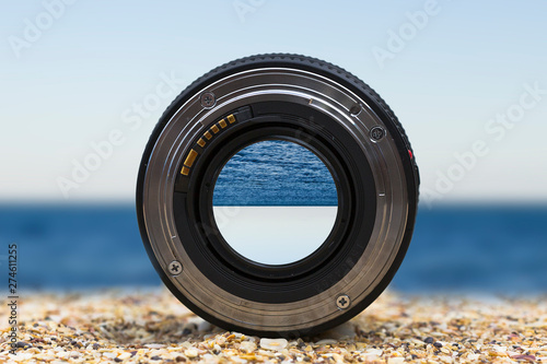 inverted picture of the sea landscape through the camera lens