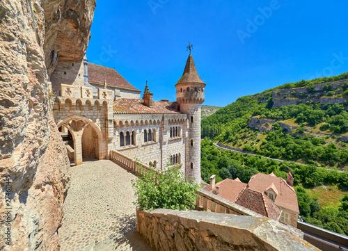 Landscape view from the top entrance of Saint Sauveur and Blessed Virgin Mary sanctuary and chapels in the medieval french village of Rocamadour, Lot, Quercy, France. UNESCO world heritage site. photo