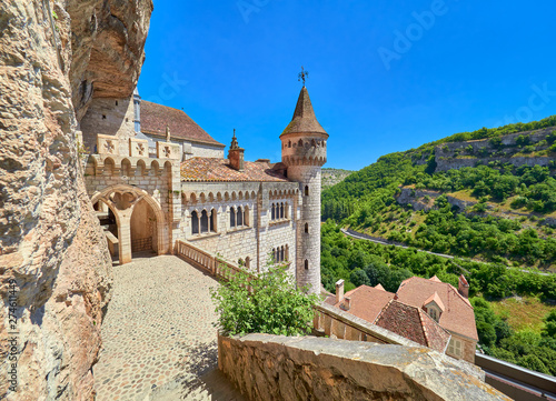 Landscape view from the top entrance of Saint Sauveur and Blessed Virgin Mary sanctuary and chapels in the medieval french village of Rocamadour, Lot, Quercy, France. UNESCO world heritage site.