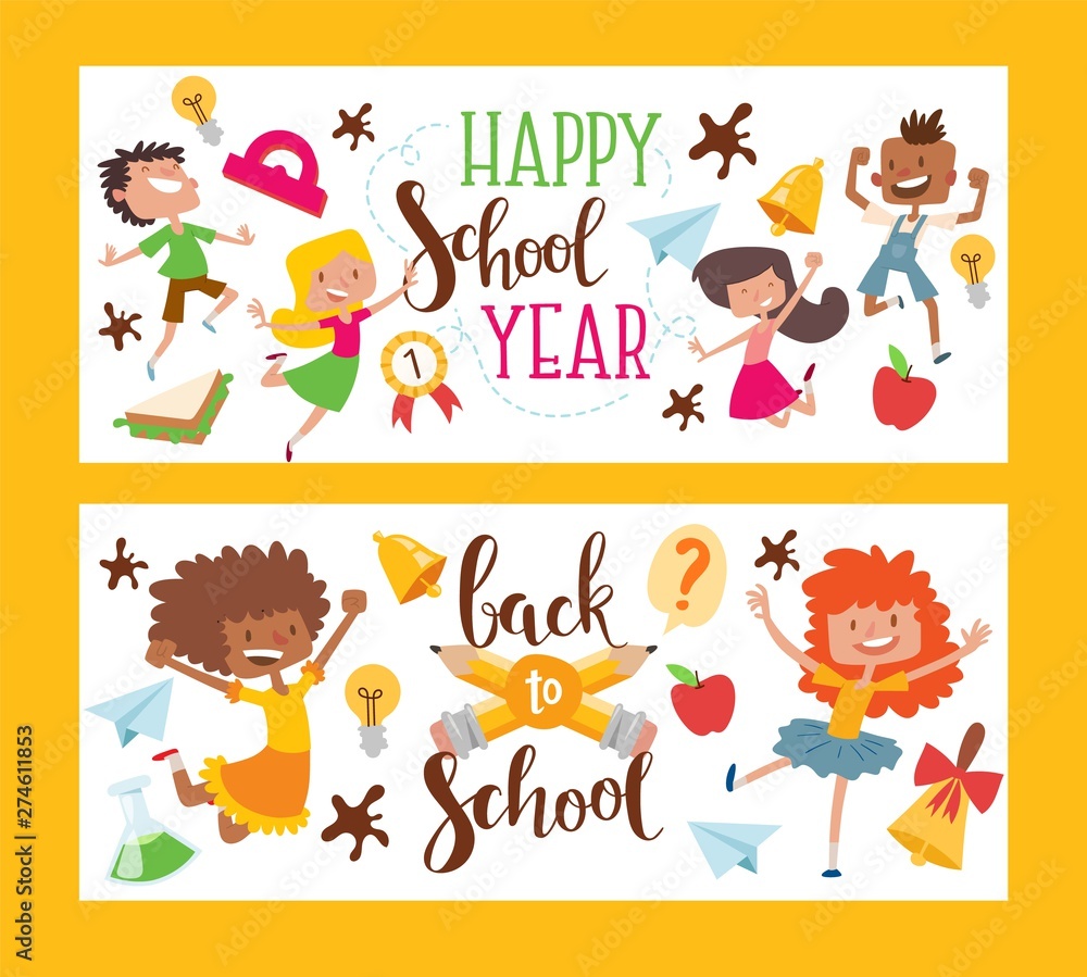 Happy school year set of banners vector illustration. Back to school. Female and male students or pupils. Kids with education equipment. School supplies, colorful office accessories.
