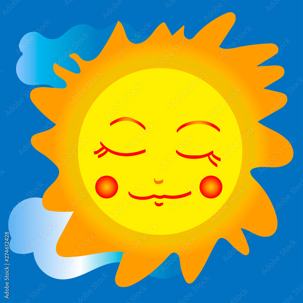 Smiling sun with rays and clouds on blue sky. Vector landscape for design, print, cover, clothes, t-shirt, surface, logo. Weather theme, climate. Colorful freehand cartoon character. Nature flat.