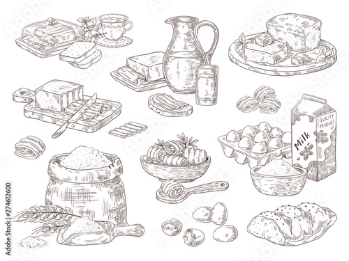 Hand drawn bakery goods. Butter milk eggs and flour culinary ingredients, butter and bread sandwiches on dish. Vector isolated sketch fats set