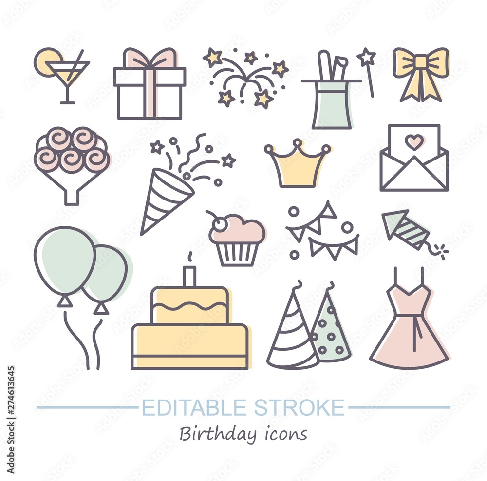 Fototapeta premium Happy Birthday Party line icon. Vector illustration with editable stroke