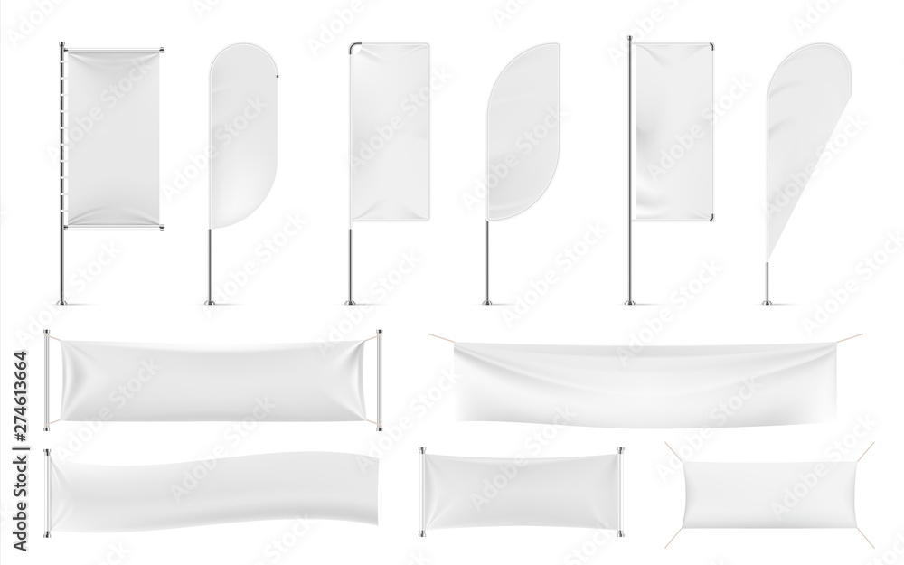 Textile banners and flags. Outdoor exhibition promotion mockup, white beach feathers and blank advertising. Vector modern fabric cotton cloth banner Textile banners and flags. Outdoor exhibition promotion mockup, white beach feathers and blank advertising. Vector modern fabric cotton cloth banner
