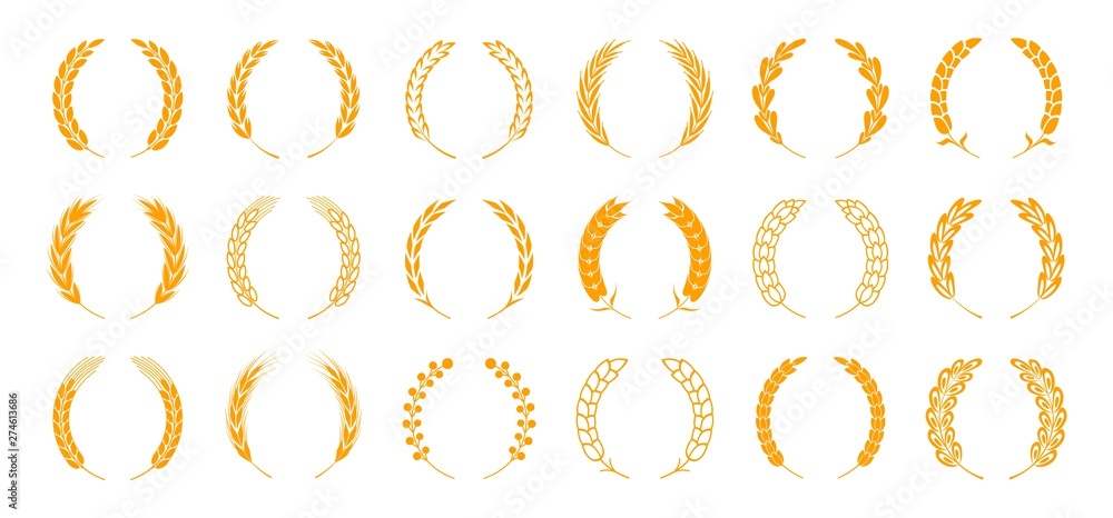 Wheat and rye ears. Wreath spikes and stalks elements for organic food logo and nature emblem. Vector harvest bread and ear isolated set Wheat and rye ears. Wreath spikes and stalks elements for organic food logo and nature emblem. Vector harvest bread and ear isolated set