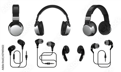 Realistic headphones. 3D wireless earphones and headset for listening music and gaming. Vector collections types of black earbuds isolated on white background