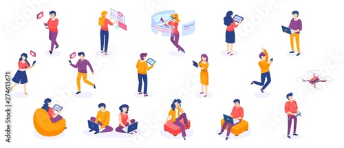 Isometric people and gadgets. Young men and women characters with smartphones and gadgets. Vector modern freelance business people on white background