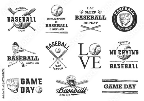 Set of 11 engraved style illustrations for posters, decoration, t-shirt design. Hand drawn baseball sketches with motivational typography isolated on white background. Detailed vintage drawing logo.