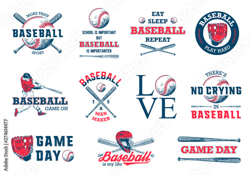 Set of 11 engraved style illustrations for posters, decoration, t-shirt design. Hand drawn baseball sketches with motivational typography isolated on white background. Detailed vintage drawing logo.