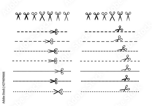 Dashed line and scissors various icon set. Scissors and dash line black glyph vector set.