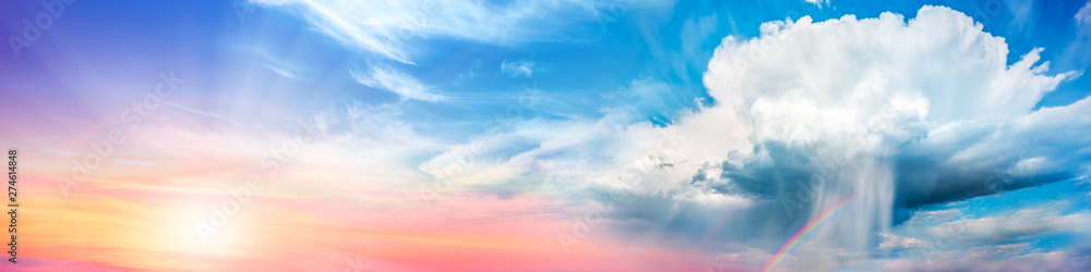 Background Banner Of Cumulonimbus Supercell, Falling Rain, Rainbow And Sunshine At Sunset Background Banner Of Cumulonimbus Supercell, Falling Rain, Rainbow And Sunshine At Sunset