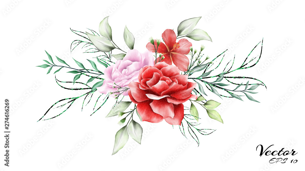 Obraz Kwiecisty przygotowania na Białym Odosobnionym tle. Akwarela zaproszenie projekt koncepcja z róż, kwiatów hibiskusa i dzikich liści. Wieniec kwiatowy na skład ślubu lub karty z pozdrowieniami