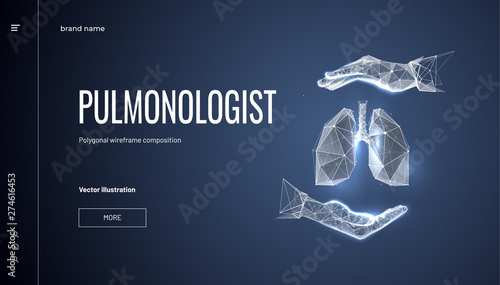 Lungs in hand.Polygonal wireframe composition. Concept for pulmonologist. Abstract isolated on dark blue background. Particles are connected in a geometric silhouette photo