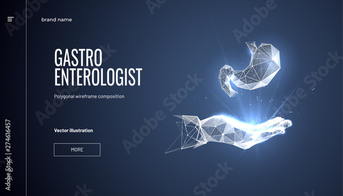 Stomach in hand.Polygonal wireframe composition. Concept for a gastroenterologist or a nutritionist. Abstract isolated on dark blue background. Particles are connected in a geometric silhouette