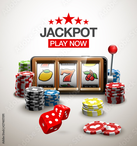 big win illustration Online Jackpot casino Slot machine banner in mobile phone. Chips, playing card, dice. Marketing Luxury Banner Jackpot Online Casino game Slot-machine in Smartphone play now poster