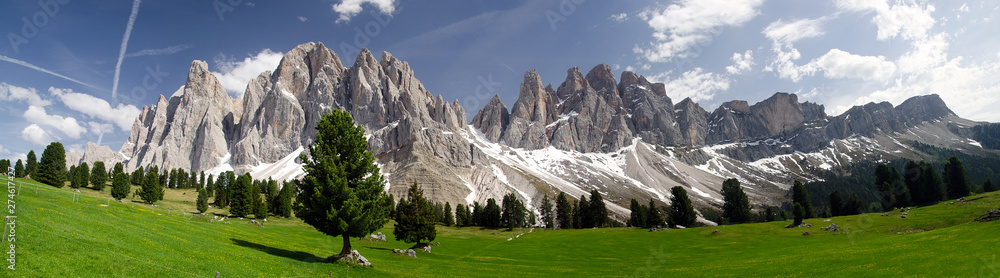 Landscape with mountains. Panoramaview of Sass Rigais and Furchetta from the Val di Funes (Villnösstal).