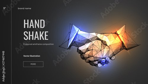 Handshake. Abstract illustration isolated on black background. Polygonal wireframe composition. Gesture hands. Development symbol. Plexus lines and points in silhouette.