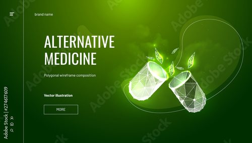 Medication or pill or capsule. Low poly wireframe style. Technology and innovation in pharmacology. Banner concept. Particles are connected in a geometric silhouette.