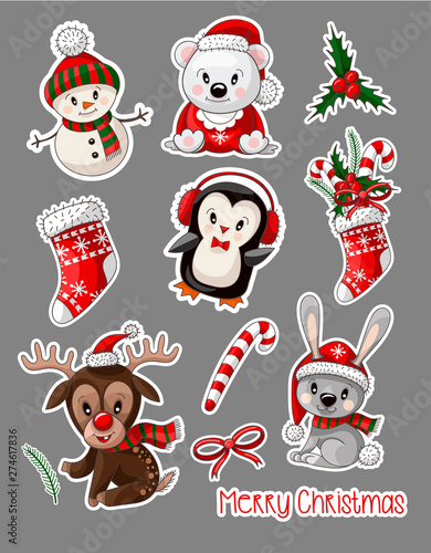 Stickers cute baby animals on Christmas wear. Vector. © Yumeee