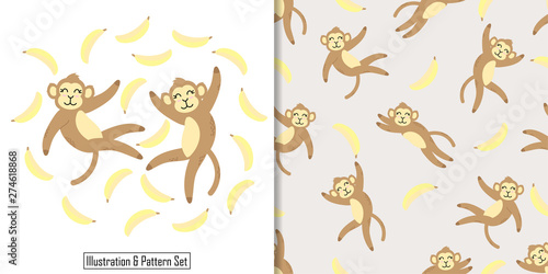 cute monkey baby sleep animal card seamless pattern set