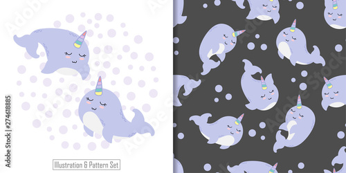 Wall Mural cute narwhal baby unicorn animal card seamless pattern set
