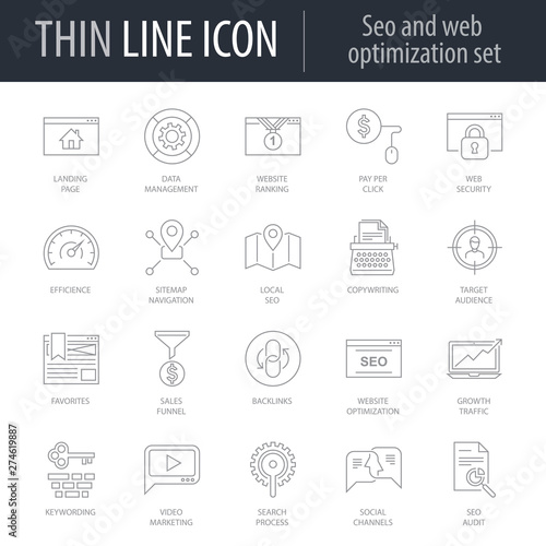 Icons Set of Seo And Web Optimization. Symbol of Intelligent Thin Line Image Pack. Stroke Pictogram Graphic for Web Design. Quality Outline Vector Symbol Concept Collection. Premium Mono Linear