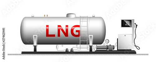 Automotive modular filling with liquefied gas. Large cylindrical cylinder with natural gas. Column with a hose for refueling cars.