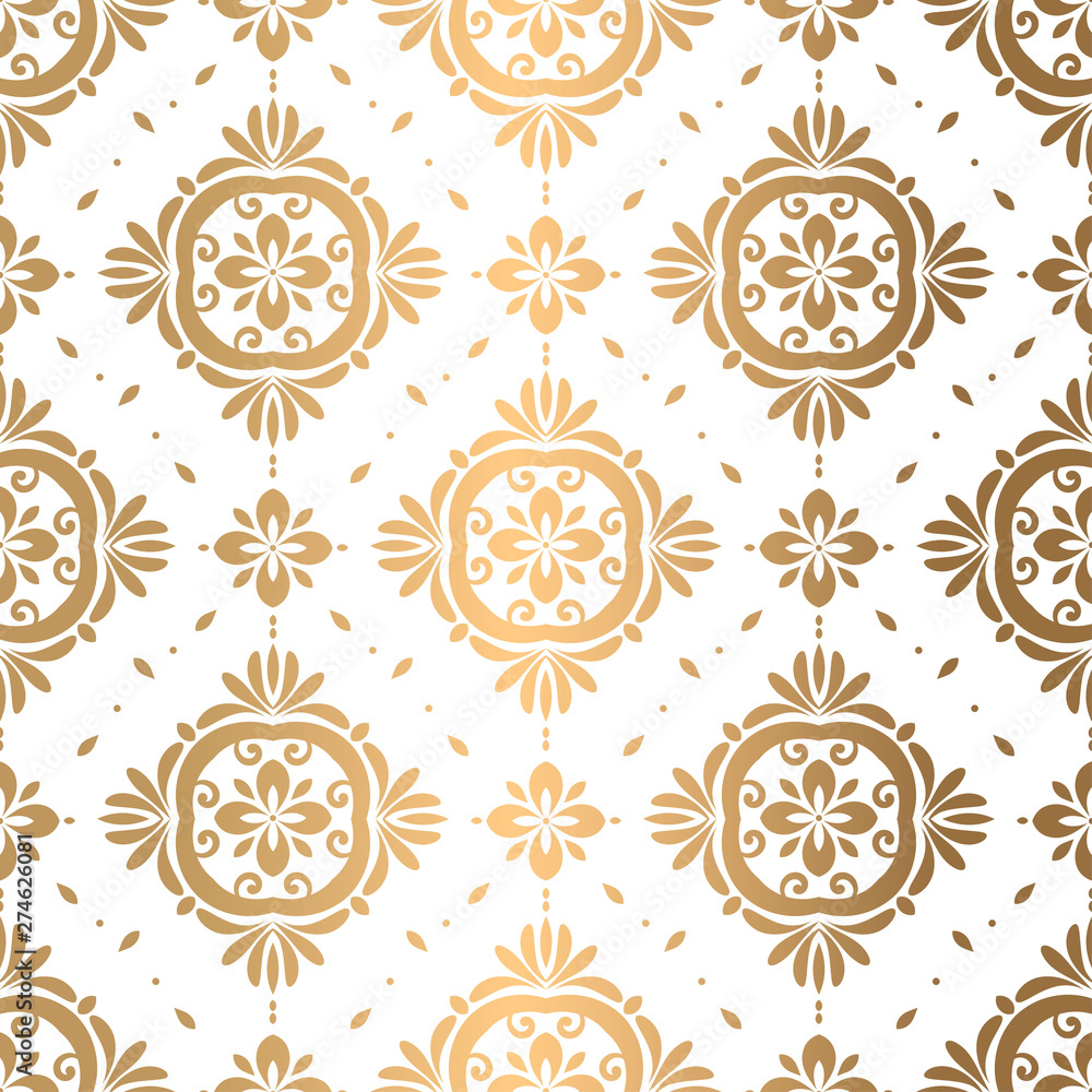 Beautiful gold and white floral seamless pattern. Vintage vector, paisley elements. Traditional, Turkish, Indian motifs. Great for fabric and textile, wallpaper, packaging or any desired idea. 