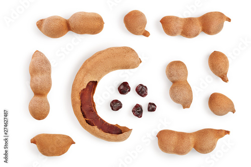 Tamarind fruit with seed isolated on white background, Top view. Flat lay. Set or collection photo