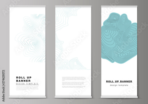 The vector illustration of the editable layout of roll up banner stands, vertical flyers, flags design business templates. Topographic contour map, abstract monochrome background.