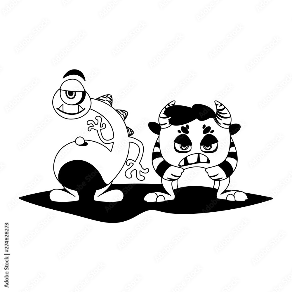 funny monsters couple comic characters monochrome funny monsters couple comic characters monochrome