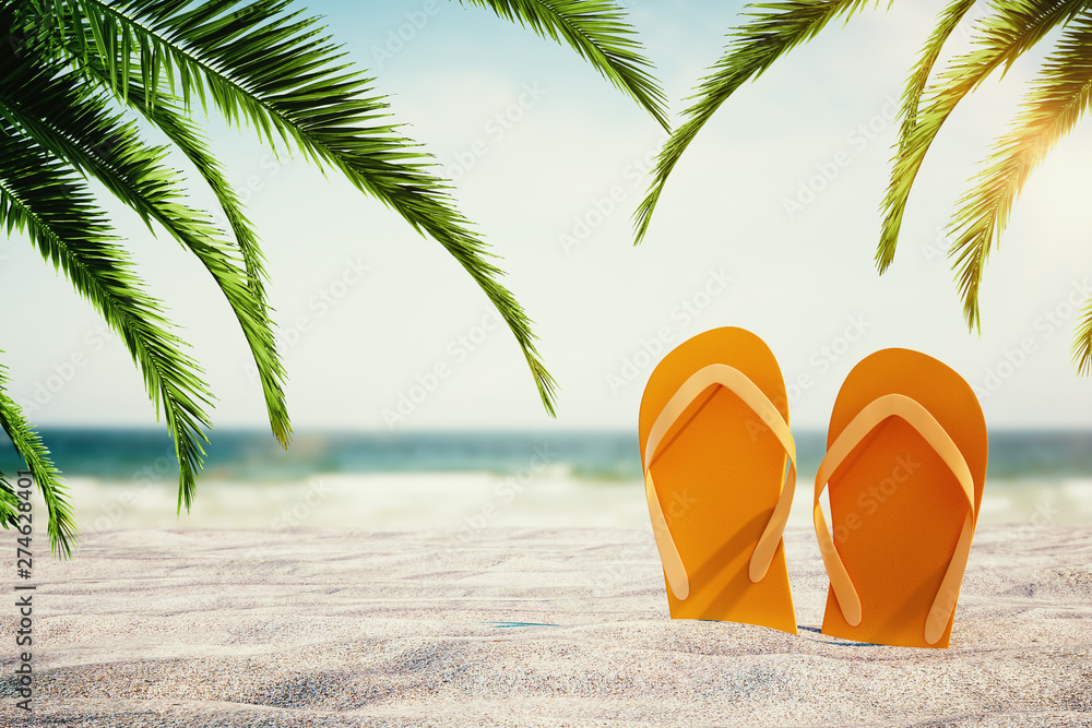 Orange flip flops on beach - obrazy, fototapety, plakaty 