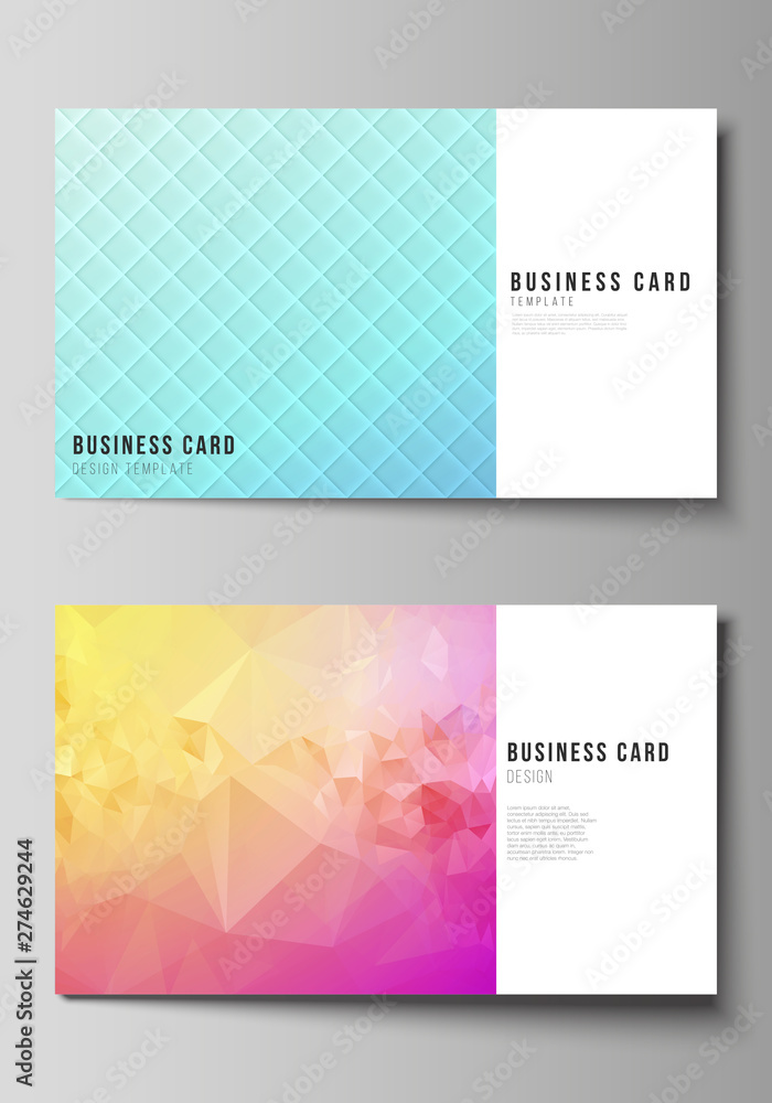 The minimalistic abstract vector illustration of the editable layout of two creative business cards design templates. Abstract geometric pattern with colorful gradient business background.