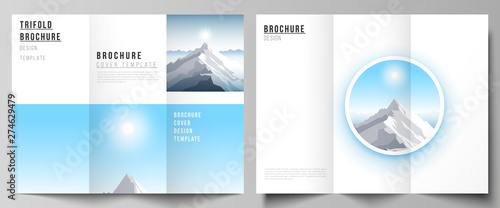 The minimal vector illustration layouts. Modern creative covers design templates for trifold brochure or flyer. Mountain illustration, outdoor adventure. Travel concept background. Flat design vector.