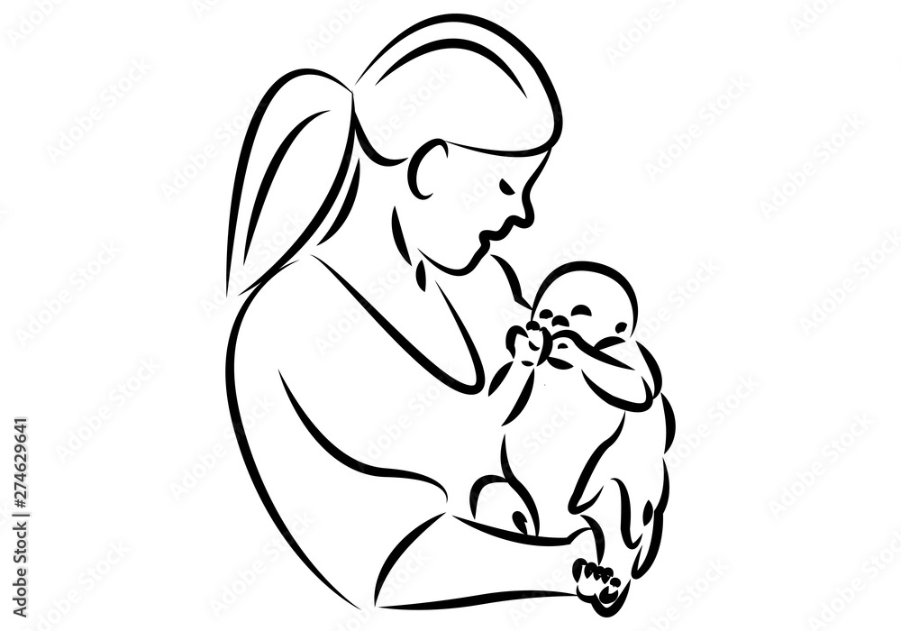 Trazos negros de una mujer acunando a un bebe. 