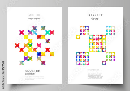 Vector layout of A4 format modern cover mockups design templates for brochure, magazine, flyer, booklet, report. Abstract background, geometric mosaic pattern with bright circles, geometric shapes.