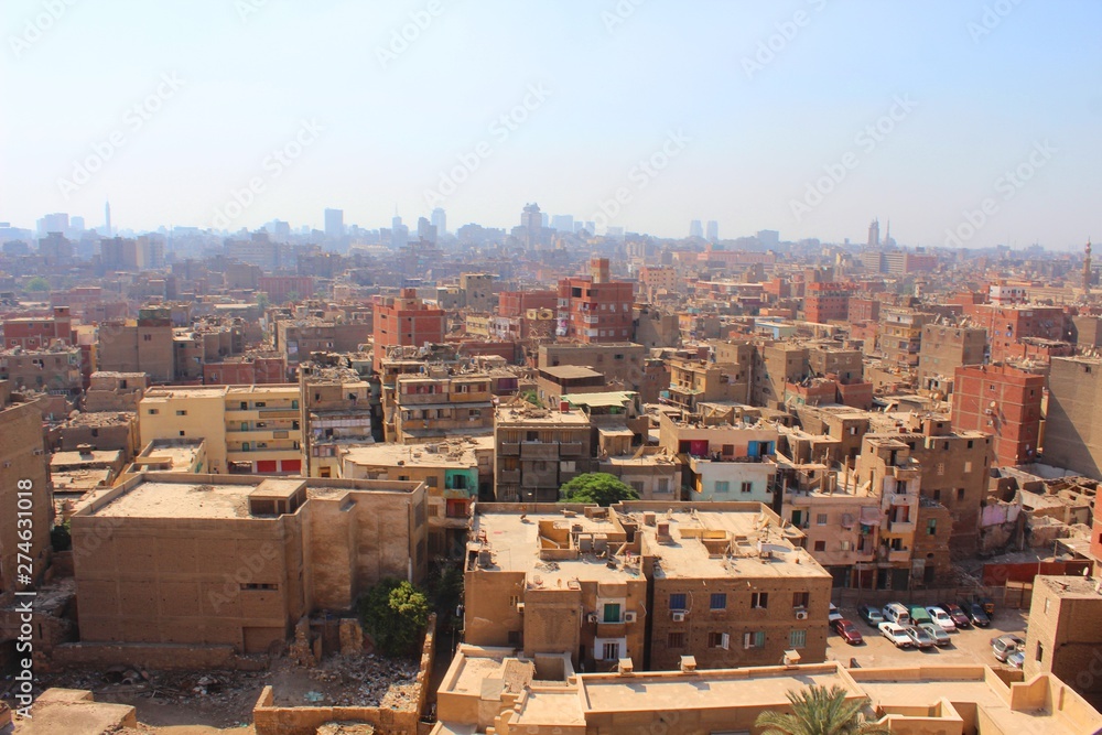 Ariel View of an old Cairo district showing houses rooftops on a sunny morning