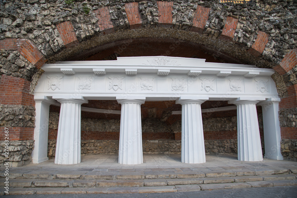 Architectural monument of the Ruins grotto in the Alexandrovsky garden in Moscow. Moscow attractions of World tourism. Architectural monument of the Ruins grotto in the Alexandrovsky garden in Moscow. Moscow attractions of World tourism.