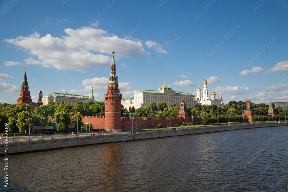 View of the Moscow Kremlin and the Kremlin embankment on a clear Sunny day. Moscow attractions of World tourism.