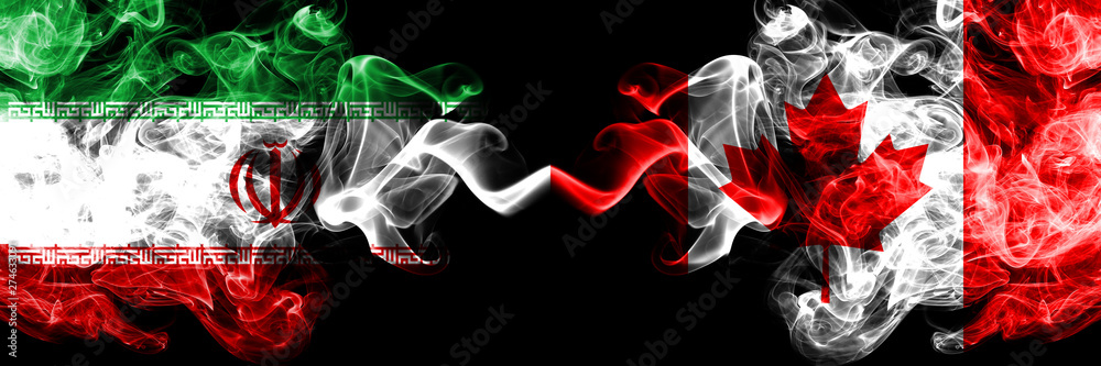 Iran vs Canada, Canadian smoky mystic states flags placed side by side. Thick colored silky smokes flag combination of Iranian and Canada, Canadian Iran vs Canada, Canadian smoky mystic states flags placed side by side. Thick colored silky smokes flag combination of Iranian and Canada, Canadian