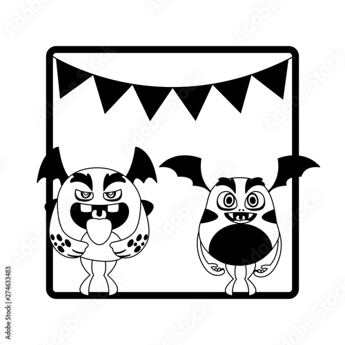 monochrome frame with monsters and garlands hanging