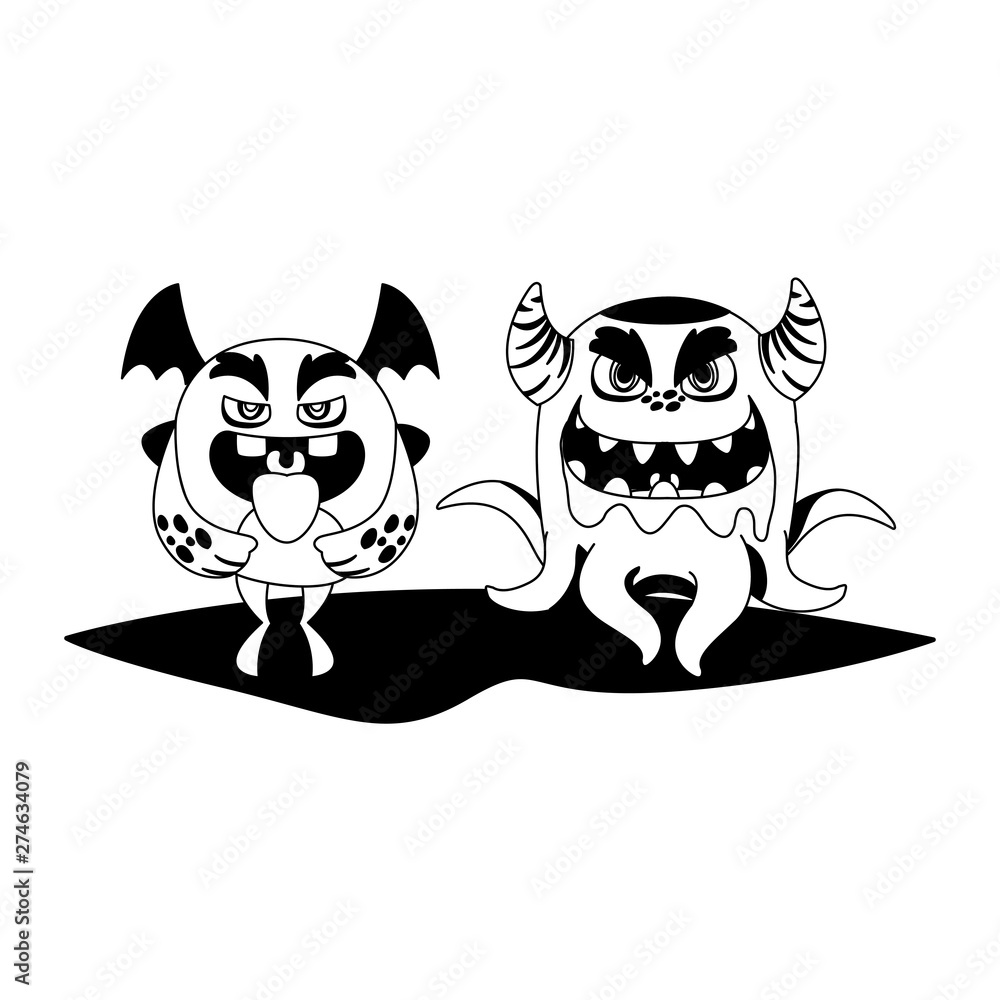 funny monsters couple comic characters monochrome