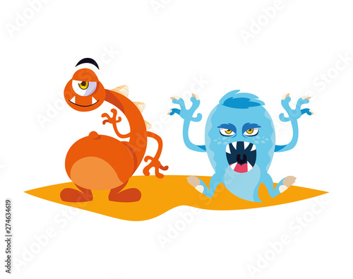 funny monsters couple comic characters colorful