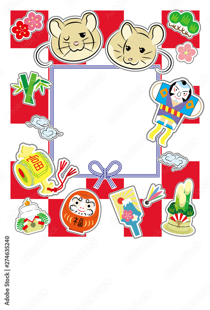 Fototapeta premium ねずみ年の年賀状ポップオブジェクト(文字無し)白赤