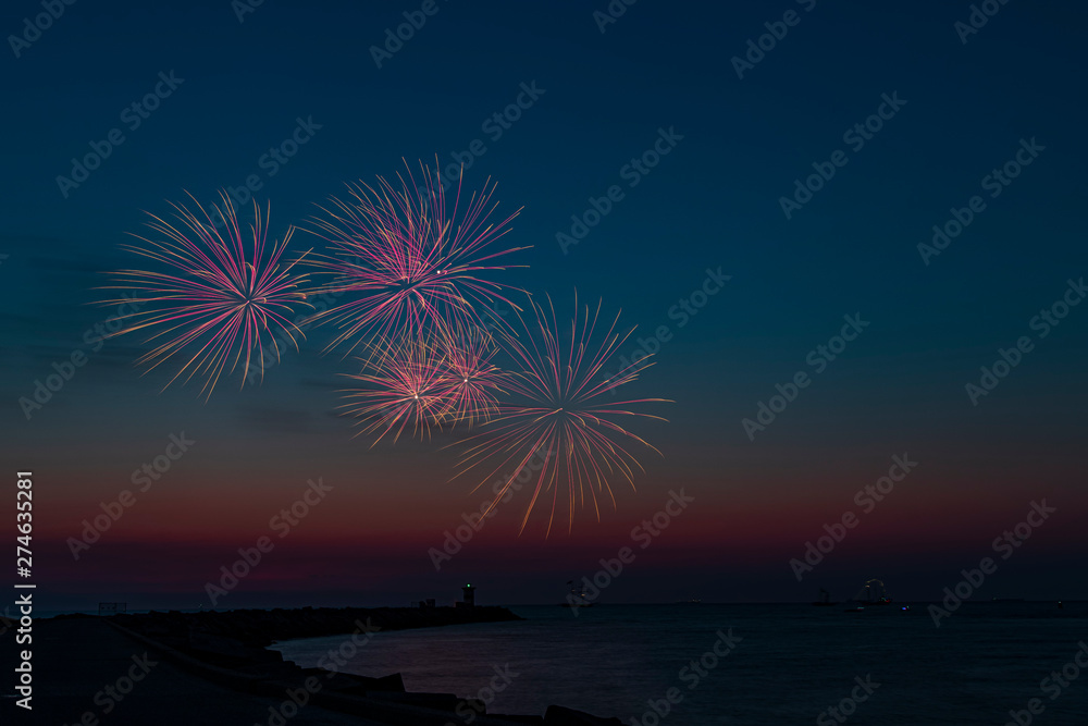Fireworks launch at the pier of the Scheveningen harbor celebrating the Tall Ship Regatta in The Hague, Netherlands