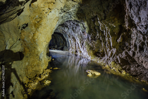 Dark creepy dirty flooded abandoned mine tunnel