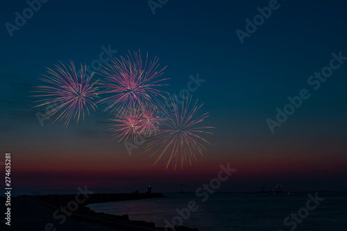 Fireworks launch at the pier of the Scheveningen harbor celebrating the Tall Ship Regatta in The Hague  Netherlands